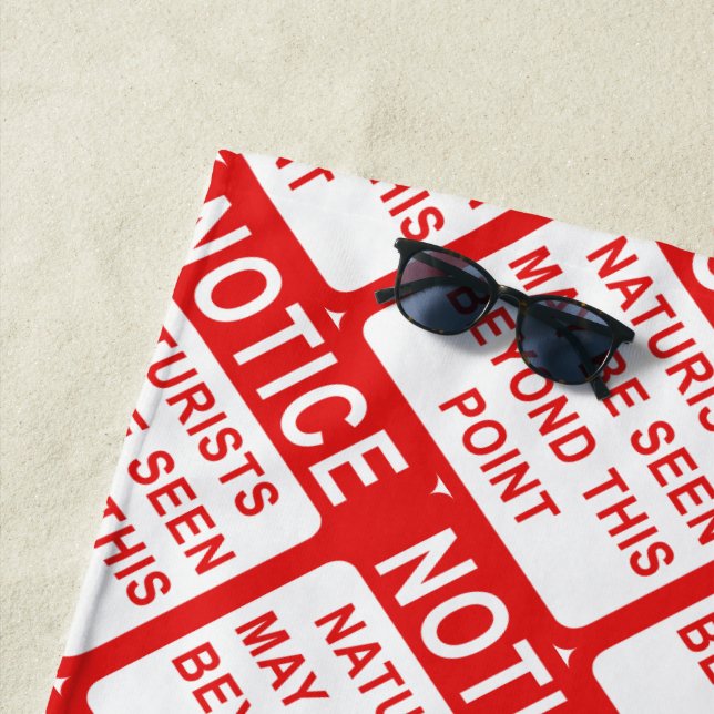Naturist Beach - Red and White Sign Pattern Beach Towel (In Situ)
