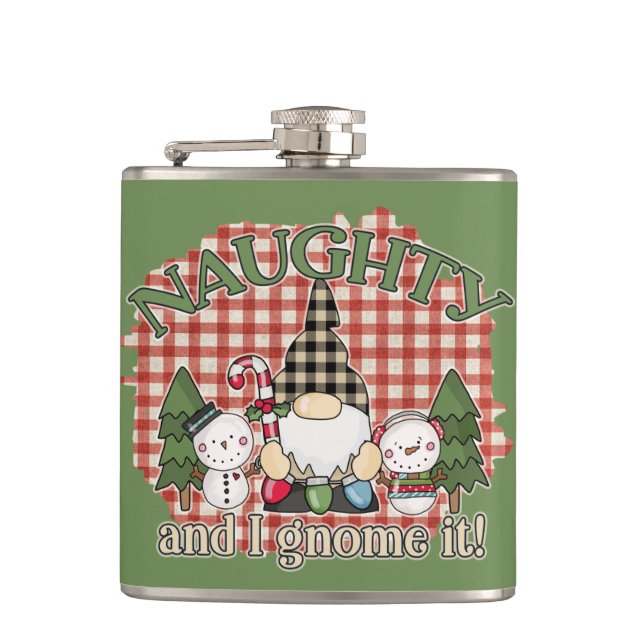 Naughty and I Gnome it Christmas Holiday Hip Flask (Front)