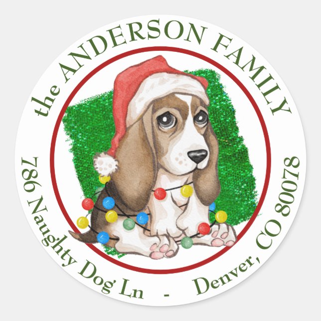 Naughty Beagle Pup Holiday Return Address Classic Round Sticker (Front)