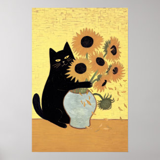 Naughty Black Cat Sunflower Painting Style Poster