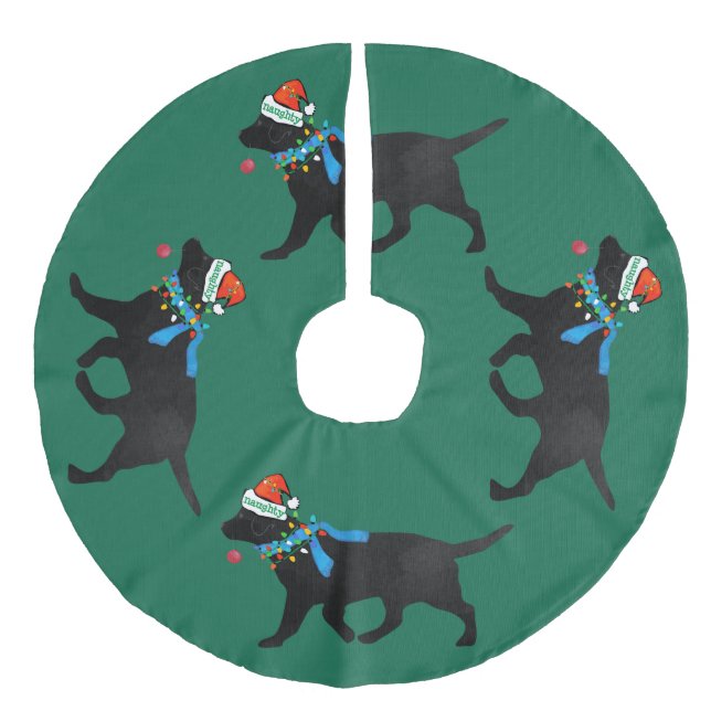 Naughty but Nice Black Labrador Christmas Faux Linen Tree Skirt (Front)