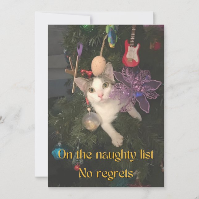 Naughty Cat in Christmas Tree Flat Holiday Card (Front)