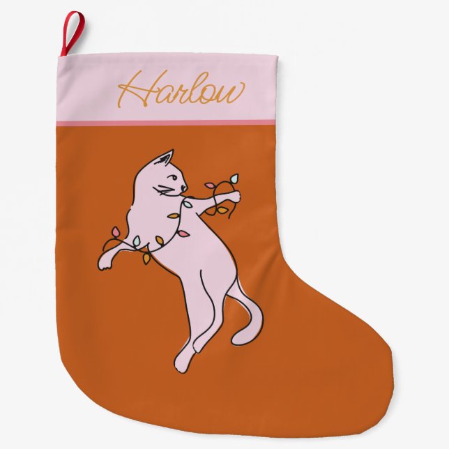 Naughty Cat Pink Christmas Large Christmas Stocking (Front)