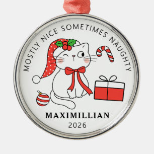 Naughty Cat with Santa Hat Christmas Metal Tree Decoration