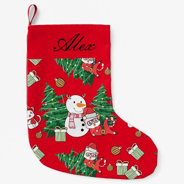 NAUGHTY CAT WITH SNOWMAN PERSONALIZED SMALL CHRISTMAS STOCKING (Front)