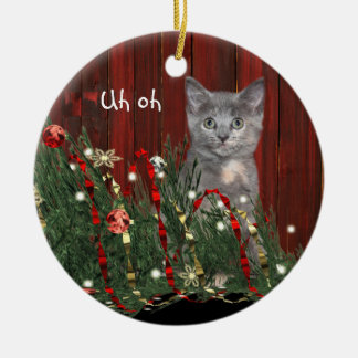 Naughty Christmas kitty Ceramic Tree Decoration