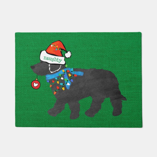 Naughty Christmas Labradoodle Xmas Green Burlap Doormat (Front)