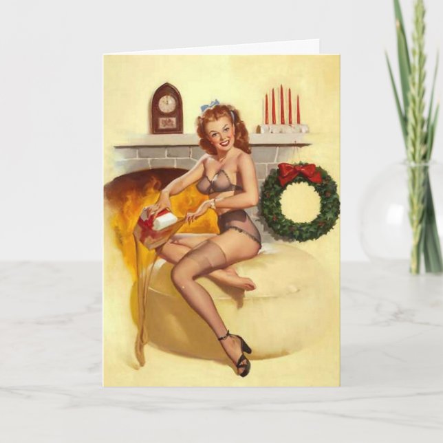 Naughty Christmas Stocker Pin-Up Greeting Card (Front)
