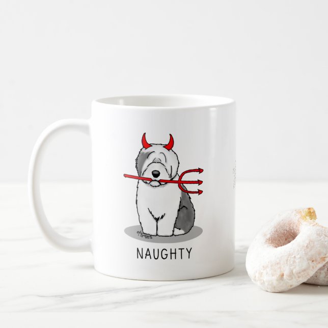 Naughty Devil Old English Sheepdog (Grey 1) Coffee Mug (With Donut)
