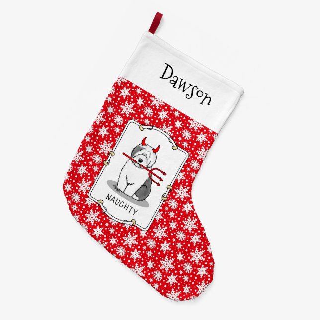 Naughty Devil Old English Sheepdog (Grey 1) Large Christmas Stocking (Front (Hanging))