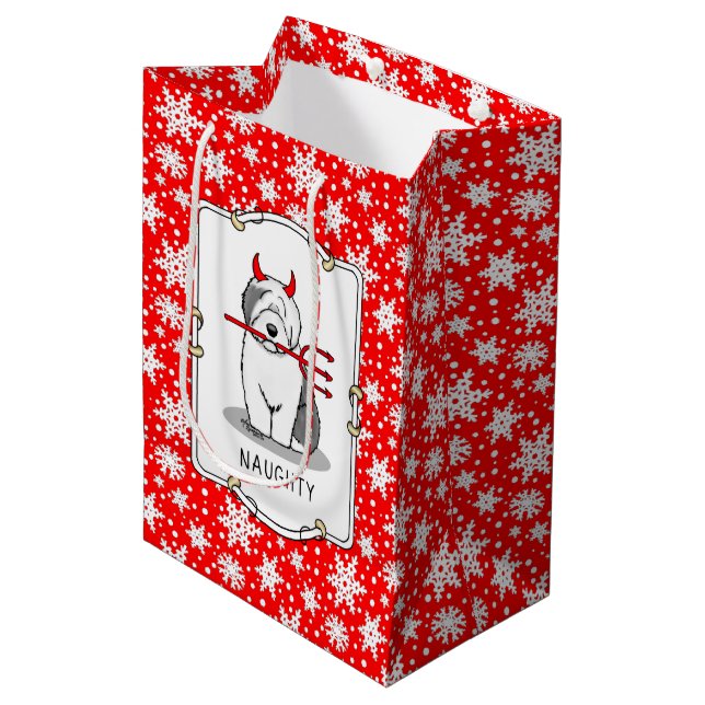 Naughty Devil Old English Sheepdog (Grey 1) Medium Gift Bag (Front Angled)