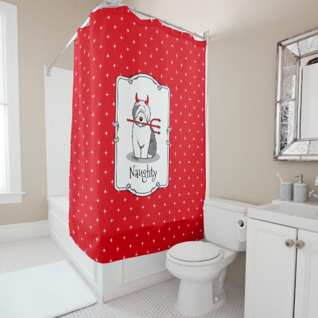 Naughty Devil Old English Sheepdog (Grey 1) Shower Curtain (In Situ)