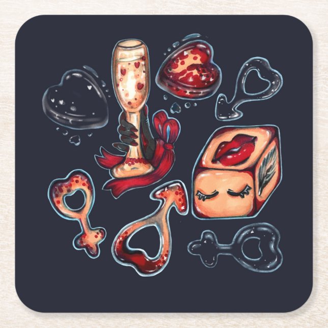 Naughty Dice & Champagne Adult Humor Dark Romantic Square Paper Coaster (Front)