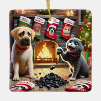 Naughty dog and Cat Ceramic Ornament