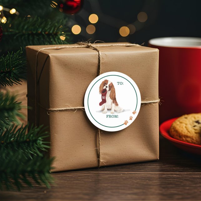 Naughty Dog Watercolor Cavalier Spaniel Stocking Classic Round Sticker (Naughty Dog Watercolor Cavalier Spaniel Stocking Classic Round Sticker)