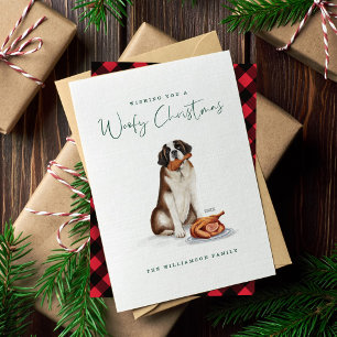 Naughty Dog Watercolor St Bernard Eating Turkey Holiday Card
