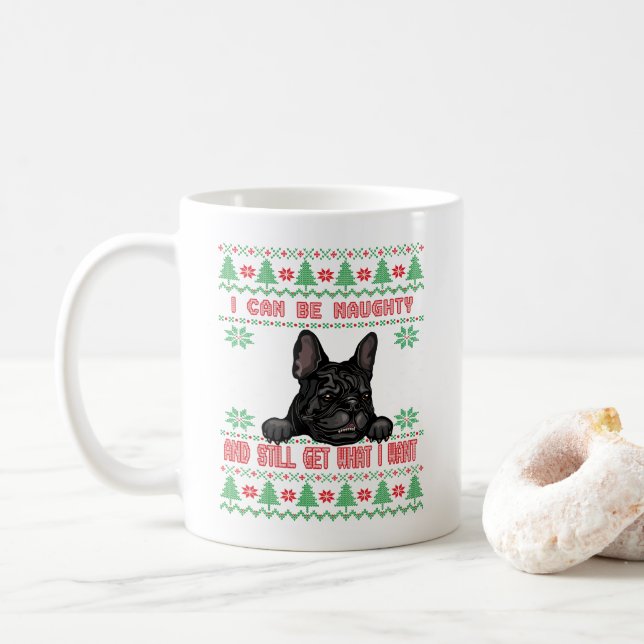 Naughty French Bulldog Ugly Christmas Sweater Coffee Mug (With Donut)