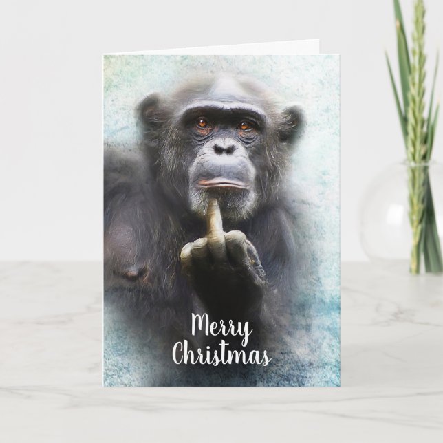 Naughty Funny Chimpanzee Middle Finger Christmas Holiday Card (Front)