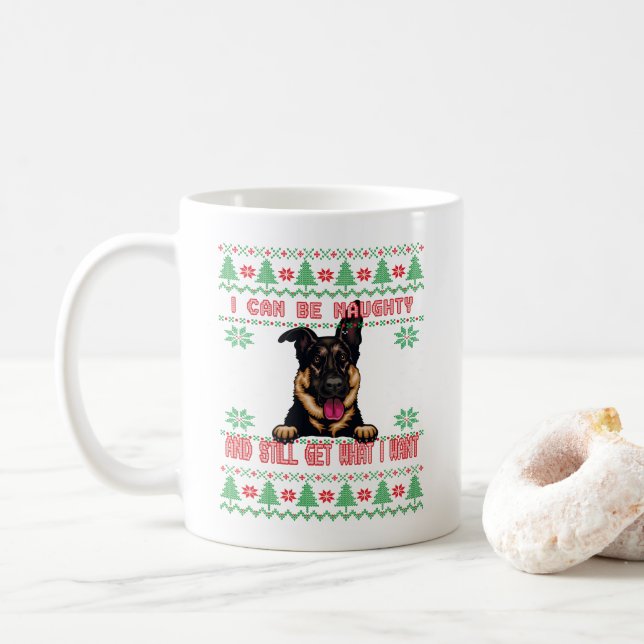 Naughty German shepherd Ugly Christmas Sweater Coffee Mug (With Donut)