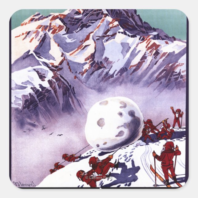 Naughty Gnomes Making Giant Snowball Poster Square Sticker (Front)