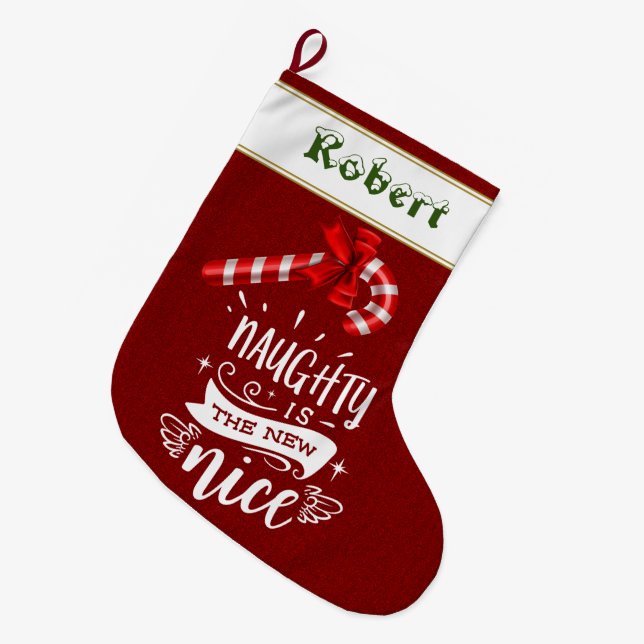 Naughty is the New Nice Candy Cane Ribbon Monogram Large Christmas Stocking (Front (Hanging))