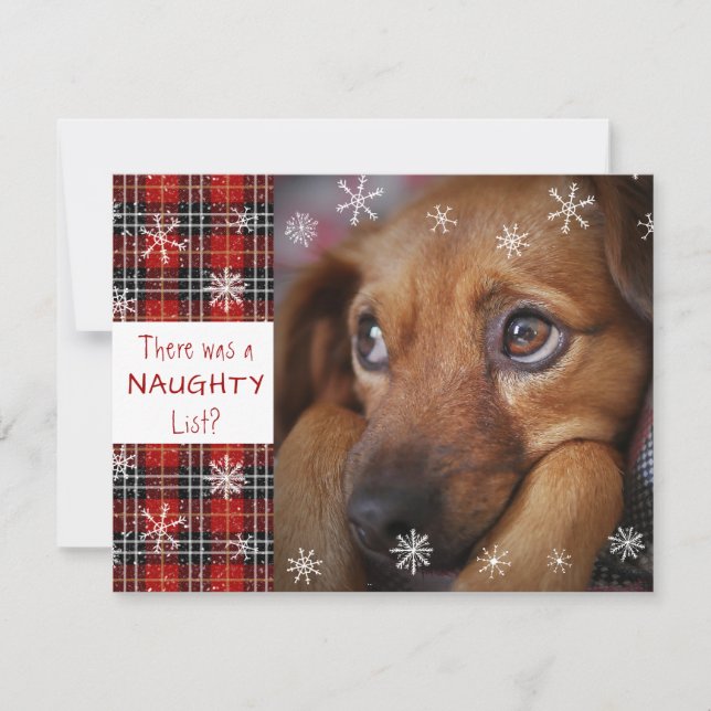 Naughty List Red Plaid Snowflake Custom Greeting Holiday Card (Front)