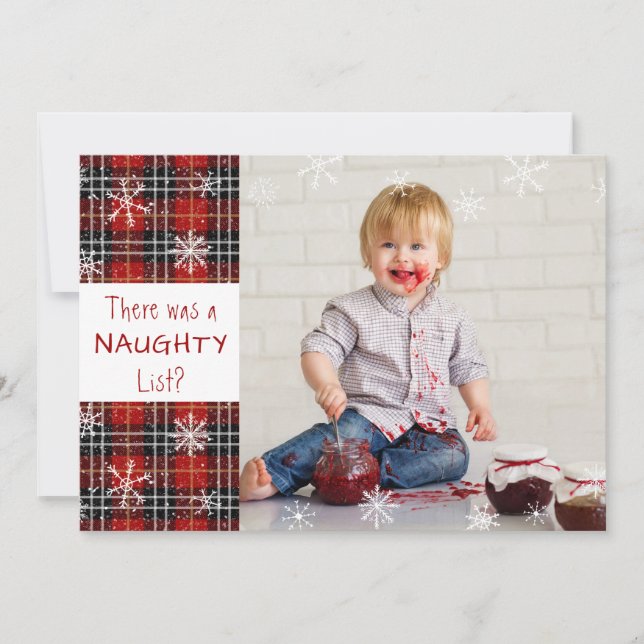 Naughty List Snowflake Red Plaid HAPPY HOLIDAYS Holiday Card (Front)