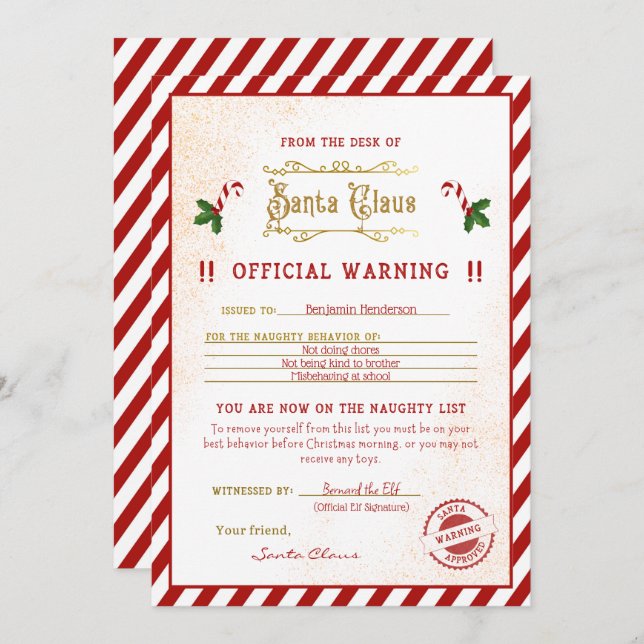 Naughty List Warning Santa Letter  Invitation (Front/Back)