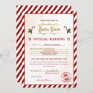 Naughty List Warning Santa Letter  Invitation
