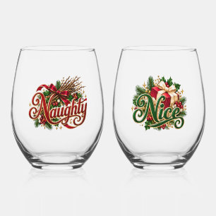 Naughty Nice Christmas Typography Pair Stemless Wine Glass