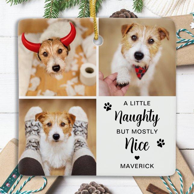 Naughty Nice Funny Dog 3 Pet Photo Christmas Ceramic Ornament (Creator Uploaded)