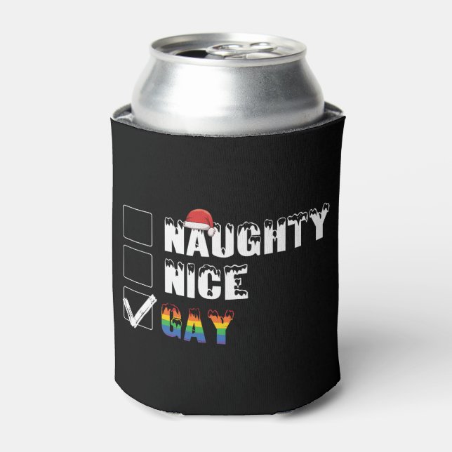 Naughty Nice Gay Rainbow Pride LGBT Christmas Gift Can Cooler (Can Front)
