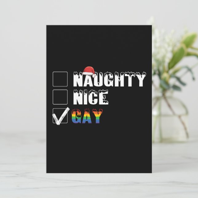 Naughty Nice Gay Rainbow Pride LGBT Christmas Gift Invitation (Standing Front)