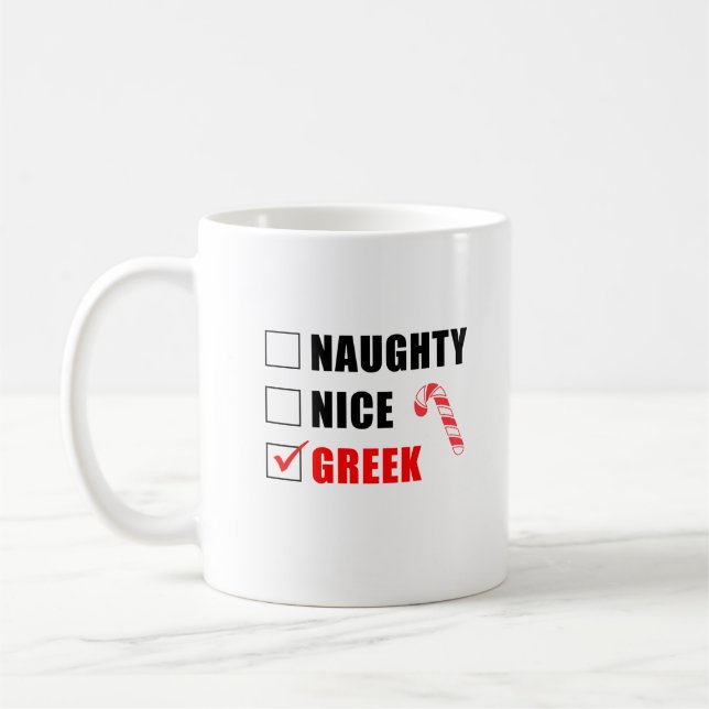 Naughty Nice Greek Christmas Design Coffee Mug (Left)