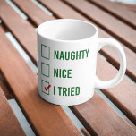 Naughty, Nice, I Tried - Funny Christmas Quote Large Coffee Mug<br><div class="desc">NewParkLane - Mug with funny Christmas quote 'Naughty,  Nice,  I Tried ' in green and red.

Check out this collection for matching items. Do you have specific personal design wishes? Feel free to contact me!</div>