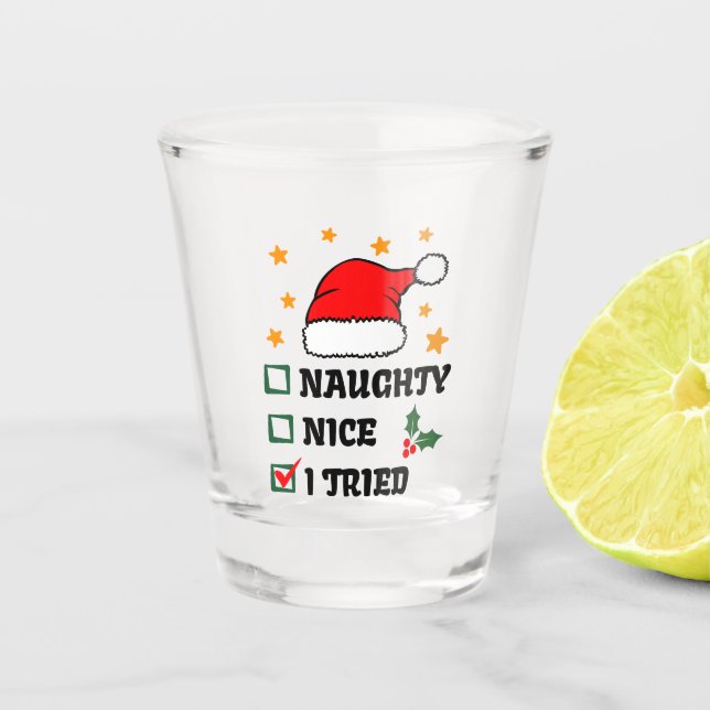 Naughty, Nice, I Tried - Funny Christmas Quote Shot Glass (Front)