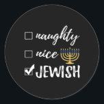 Naughty Nice Jewish Funny Ugly Christmas Hanukkah  Classic Round Sticker<br><div class="desc">Naughty Nice Jewish Funny Ugly Christmas Hanukkah</div>