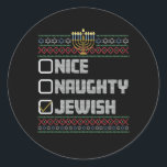 Naughty Nice Jewish Santa Ugly Christmas Hanukkah  Classic Round Sticker<br><div class="desc">Naughty Nice Jewish Santa Ugly Christmas Hanukkah</div>