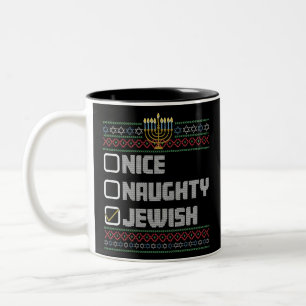 Naughty Nice Jewish Santa Ugly Christmas Hanukkah Two-Tone Coffee Mug