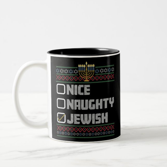 Naughty Nice Jewish Santa Ugly Christmas Hanukkah  Two-Tone Coffee Mug (Left)