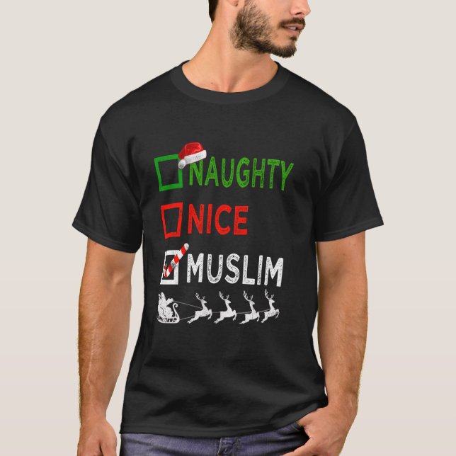 Naughty Nice Muslim Christmas Pyjamas Funny Santa  T-Shirt (Front)