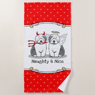 Naughty & Nice Old English Sheepdogs (Grey 1) Beach Towel