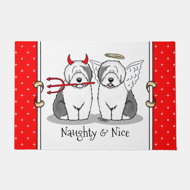 Naughty & Nice Old English Sheepdogs (Grey 1) Doormat (Front)