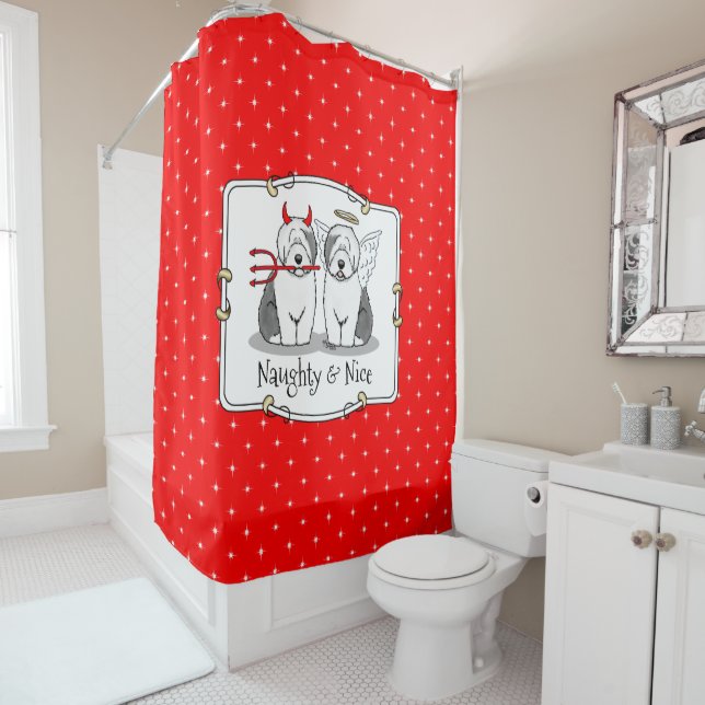 Naughty & Nice Old English Sheepdogs (Grey 1) Shower Curtain (In Situ)