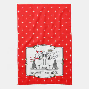 Naughty & Nice Old English Sheepdogs (Grey 1) Tea Towel