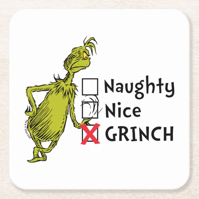 Naughty, Nice or Grinch Quote Square Paper Coaster (Front)