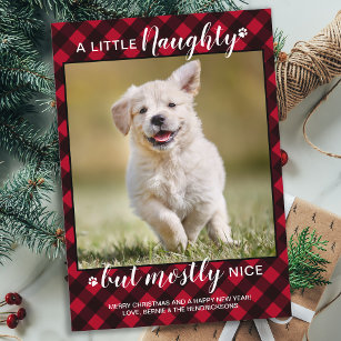 Naughty Nice Personalised Red Plaid Dog Pet Photo Holiday Card