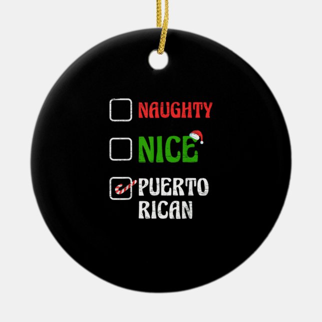 Naughty Nice Puertorican Santa Holiday Sweet Ceramic Tree Decoration (Front)