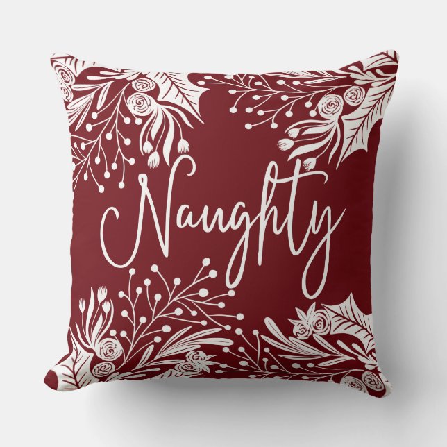 Naughty Nice Red White Christmas Floral Ivy Leaves Cushion (Front)
