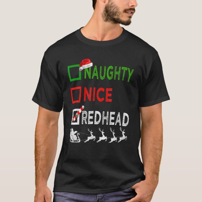 Naughty Nice Redhead Christmas Pyjamas Funny Santa T-Shirt (Front)
